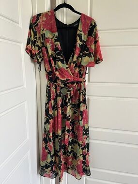 Lauren Ralph Lauren Black Midi Dress with Pink & Green Floral Pattern